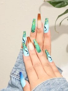 24 piezas Uña postiza largo ataúd con patrón de pavo real & 1 hoja cinta & 1 pieza lima de uña - Multicolor - Ver 3