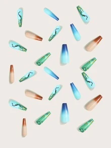 24 piezas Uña postiza largo ataúd con patrón de pavo real & 1 hoja cinta & 1 pieza lima de uña - Multicolor - Ver 4