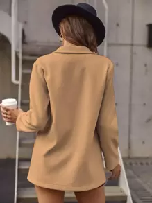 SHEIN Clasi 双排扣翻领大衣，女士深秋休闲双纽扣，口袋常规袖翻领常规版型卡其色纯色女士大衣，休闲日常穿着 - 卡其色 - 查看 2