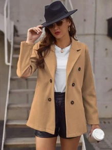 SHEIN Clasi 双排扣翻领大衣，女士深秋休闲双纽扣，口袋常规袖翻领常规版型卡其色纯色女士大衣，休闲日常穿着 - 卡其色 - 查看 3