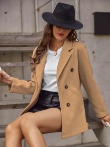 SHEIN Clasi 双排扣翻领大衣，女士深秋休闲双纽扣，口袋常规袖翻领常规版型卡其色纯色女士大衣，休闲日常穿着 - 卡其色 - 查看 4