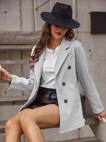 SHEIN Clasi Double-breasted Lapel Neck Overcoat - Light Grey - View 6