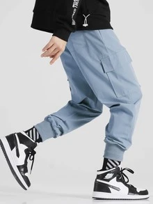 Manfinity Hypemode Quần Nam Đắp vá Túi Lá thư Đường phố - Màu xanh bụi bặm - Xem 3