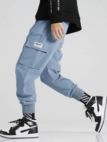 Manfinity Hypemode Quần Nam Đắp vá Túi Lá thư Đường phố - Màu xanh bụi bặm - Xem 4