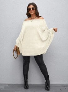 Calvaya 大碼一字肩蝙蝠袖套頭毛衣 - 杏色 - 查看 3