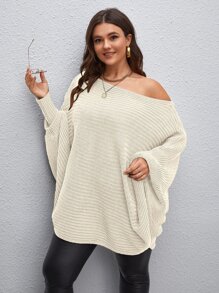 Calvaya 大碼一字肩蝙蝠袖套頭毛衣 - 杏色 - 查看 5