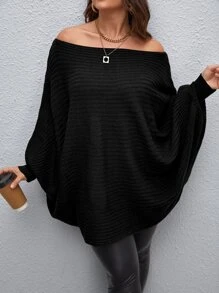 Calvaya Plus Off Shoulder Batwing Sleeve Jumper - Black - View 1