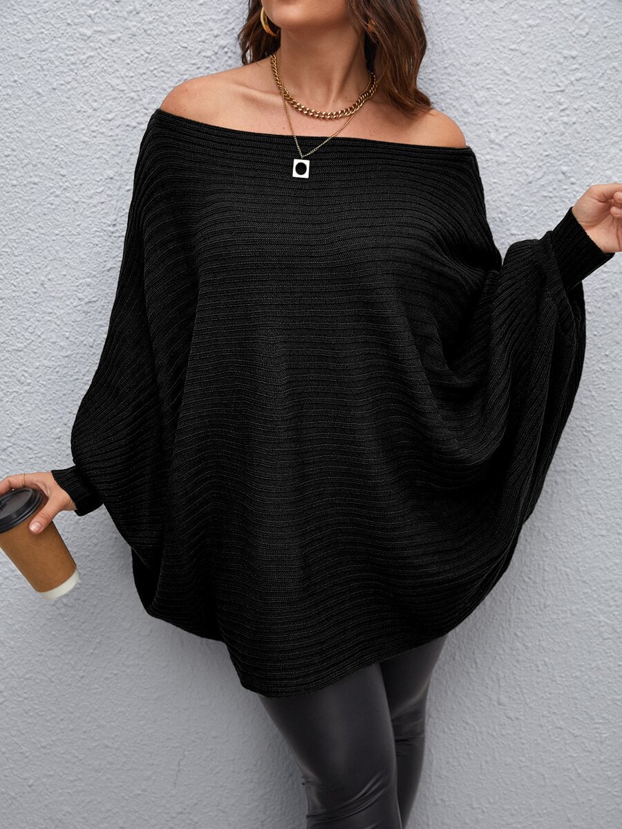 Calvaya Plus Off Shoulder Batwing Sleeve Jumper - Black - View 1
