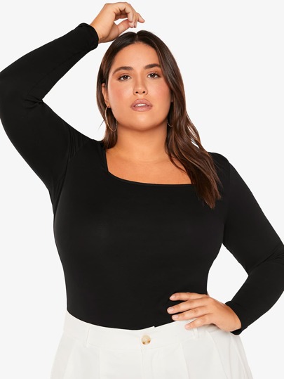 SHEIN BASICS Plus Square Neck Solid Form Fitted Tee