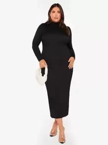 SHEIN BASICS Plus High Neck Bodycon Dress - Black - View 1