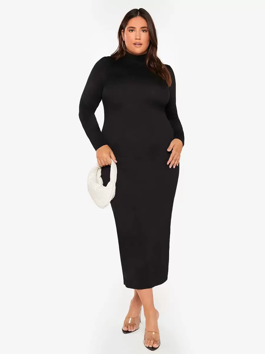 SHEIN BASICS Plus High Neck Bodycon Dress - Black - View 1