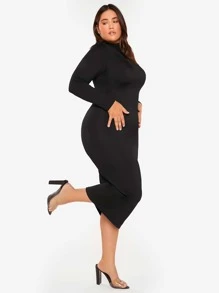SHEIN BASICS Plus High Neck Bodycon Dress - Black - View 4