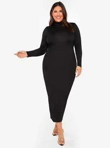 SHEIN BASICS Plus High Neck Bodycon Dress - Black - View 5