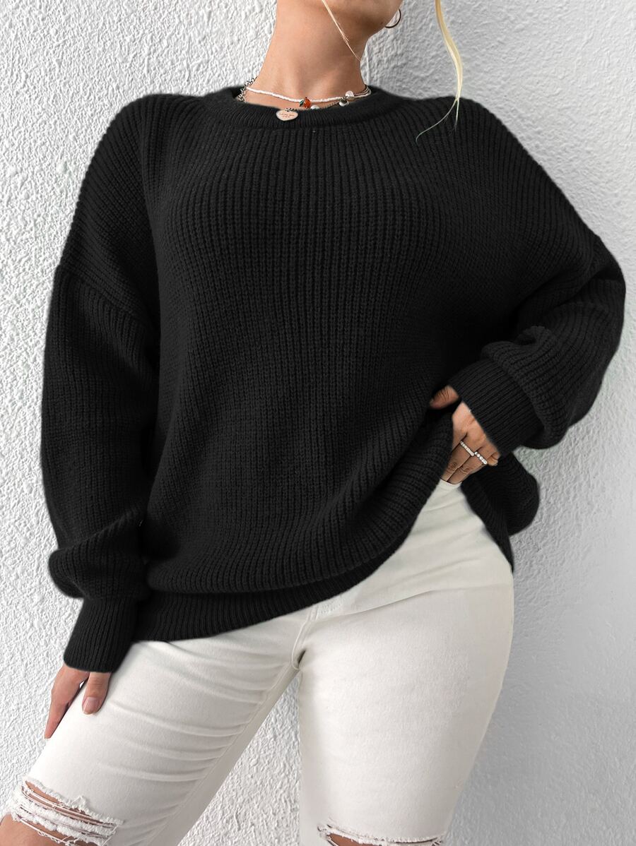 Flirla Áo len Plus Size màu trơn Giải trí - màu đen - Xem 1