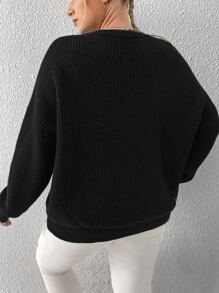Flirla Áo len Plus Size màu trơn Giải trí - màu đen - Xem 2