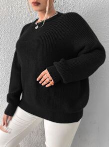 Flirla Áo len Plus Size màu trơn Giải trí - màu đen - Xem 3