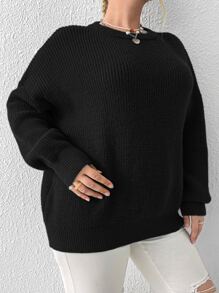 Flirla Áo len Plus Size màu trơn Giải trí - màu đen - Xem 4