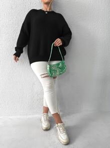 Flirla Áo len Plus Size màu trơn Giải trí - màu đen - Xem 5