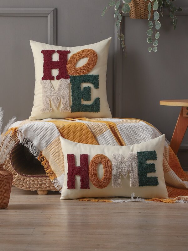 Miater 1pc Letter Embroidered Cushion Cover Without Filler, Tufted Throw Pillow Case, For Sofa, Living Room