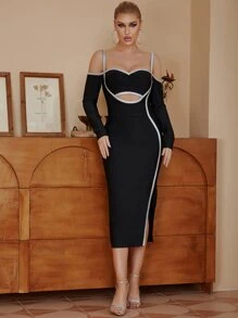 Cold Shoulder Cut Out Contrast Binding Split Thigh Bandage Dress - Black - View 1