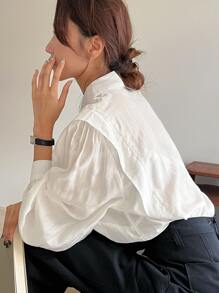 DAZY Solid Lantern Sleeve Shirt,Fall Clothes - White - View 2
