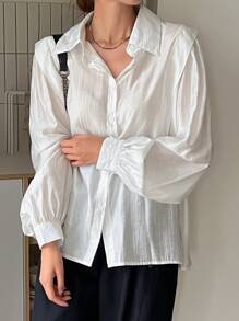 DAZY Solid Lantern Sleeve Shirt,Fall Clothes - White - View 4