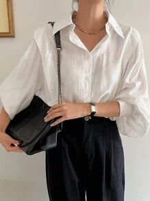 DAZY Solid Lantern Sleeve Shirt,Fall Clothes - White - View 5