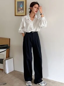 DAZY Solid Lantern Sleeve Shirt,Fall Clothes - White - View 7