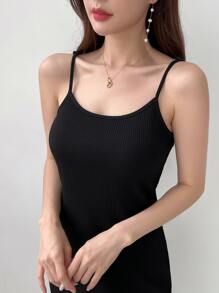 DAZY 纯色吊带连衣裙 太阳裙 - 黑色 - 查看 3