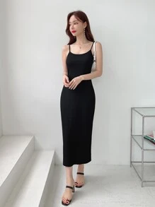 DAZY 纯色吊带连衣裙 太阳裙 - 黑色 - 查看 5