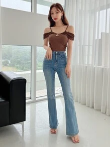 DAZY Cold Shoulder Ribbed Knit Top - Coffee Brown - View 8