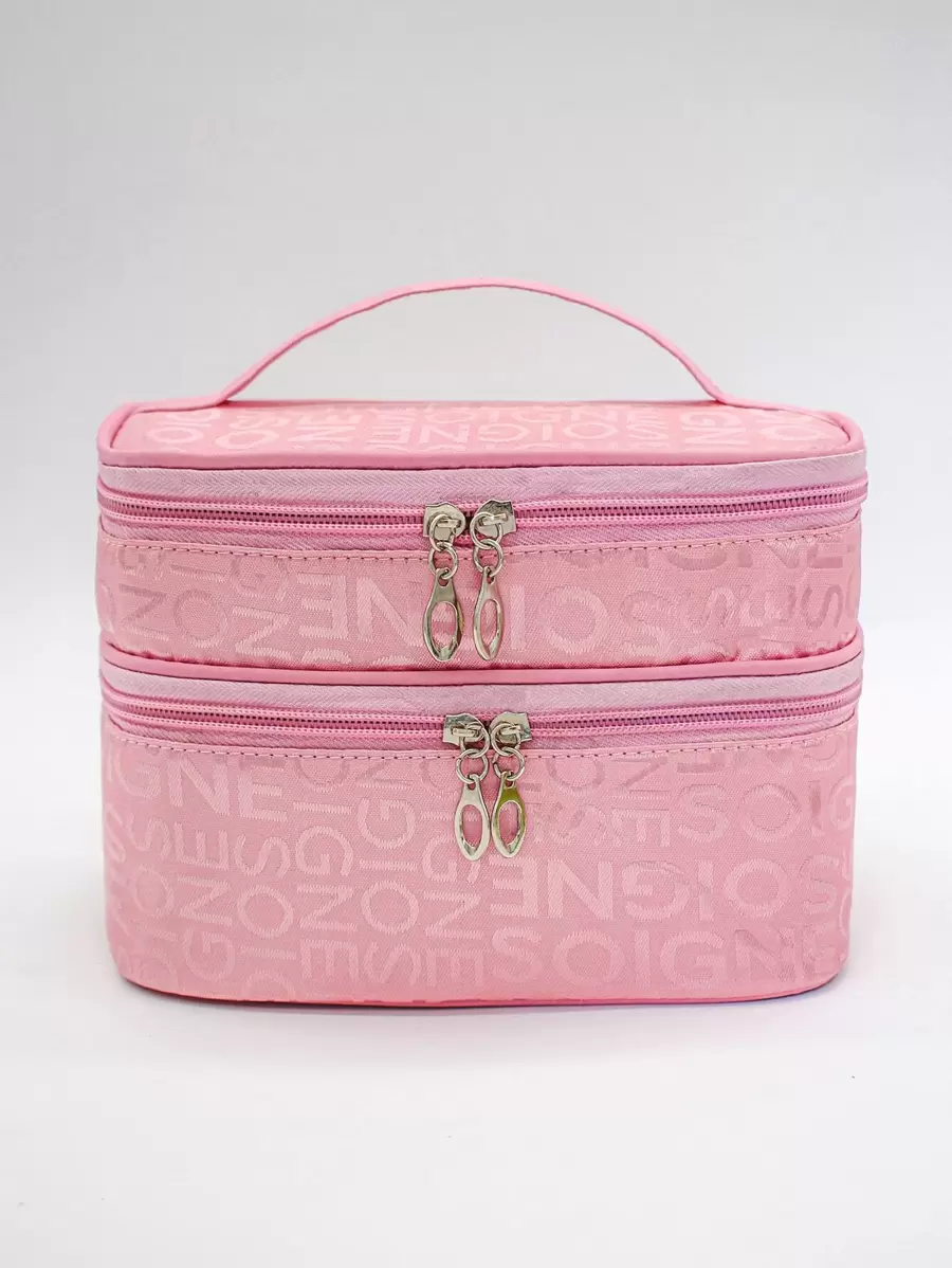 簡約時尚雙層方形化妝包 - 粉色 - 查看 1