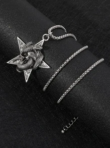 時尚流行男士骷髏和蛇裝飾星星吊墜項鍊合金，適合度假和時尚外觀 - 銀色 - 查看 2