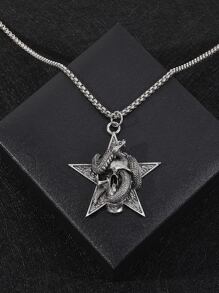 時尚流行男士骷髏和蛇裝飾星星吊墜項鍊合金，適合度假和時尚外觀 - 銀色 - 查看 3