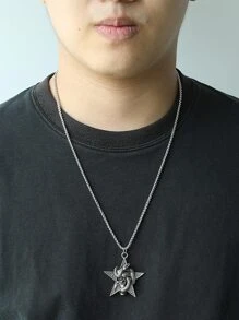 時尚流行男士骷髏和蛇裝飾星星吊墜項鍊合金，適合度假和時尚外觀 - 銀色 - 查看 4