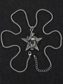 時尚流行男士骷髏和蛇裝飾星星吊墜項鍊合金，適合度假和時尚外觀 - 銀色 - 查看 6