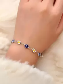1pc Evil Eye & Flower Decor Bracelet Copper Jewelry Valentines - Silver - View 1