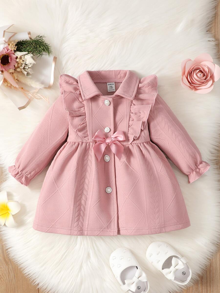 Bebé Abrigo ribete con fruncido de manga con volante con lazo delantero - Rosa vieja - Ver 1