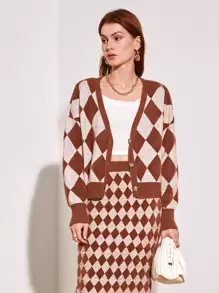 SHEIN Unity Cárdigan con patrón de rombo de hombros caídos - Multicolor - Ver 1