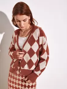 SHEIN Unity Cárdigan con patrón de rombo de hombros caídos - Multicolor - Ver 3