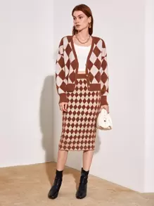 SHEIN Unity Cárdigan con patrón de rombo de hombros caídos - Multicolor - Ver 5