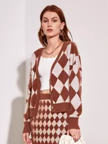 SHEIN Unity Cárdigan con patrón de rombo de hombros caídos - Multicolor - Ver 6