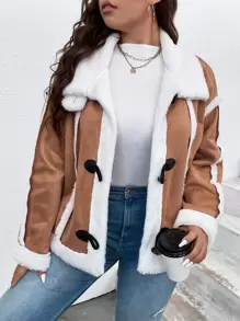 Calvaya Plus Teddy Lined Button Up Faux Suede Jacket - Brown - View 1