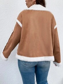 Calvaya Plus Teddy Lined Button Up Faux Suede Jacket - Brown - View 2