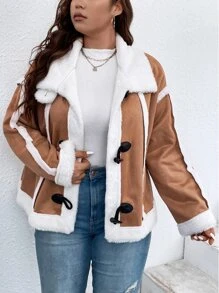 Calvaya Plus Teddy Lined Button Up Faux Suede Jacket - Brown - View 3