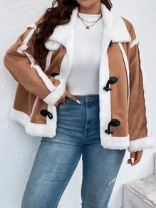 Calvaya Plus Teddy Lined Button Up Faux Suede Jacket - Brown - View 4