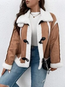 Calvaya Plus Teddy Lined Button Up Faux Suede Jacket - Brown - View 6