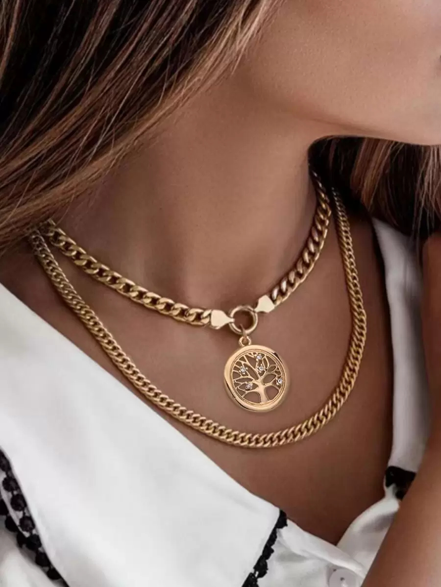 Nooxian 2入組水鑽裝飾樹細節圓形吊飾項鍊