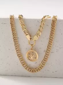 Nooxian 2入組水鑽裝飾樹細節圓形吊飾項鍊 - 金黃色 - 查看 8