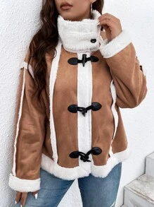 Calvaya Plus Teddy Lined Button Up Faux Suede Jacket - Brown - View 7